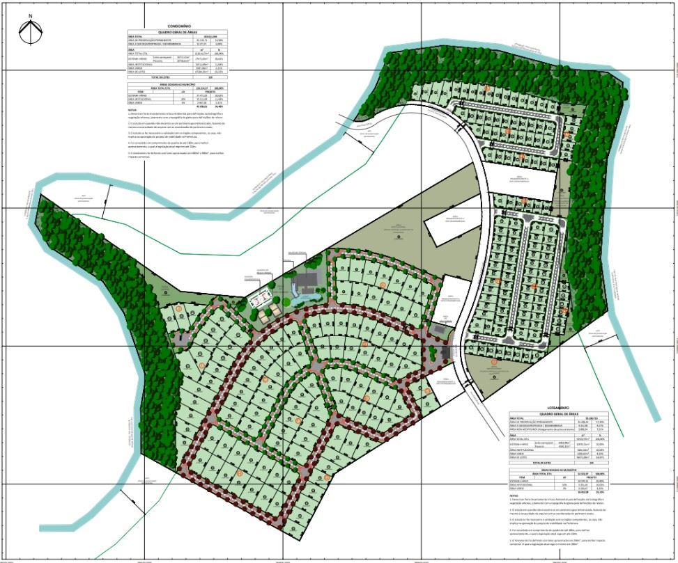 Projeto urbanístico de loteamento e condomínio com quadras, lotes e áreas verdes